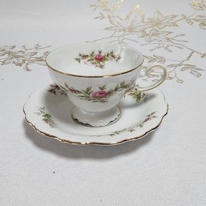 Johann Haviland Bavaria Germany Pedestal Teacup and Saucer - Vintage Rose Moss